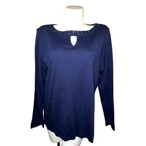 New Karen Scott Top Womens XL Navy Blue Long Sleeve Studded Keyhole Neck Shirt